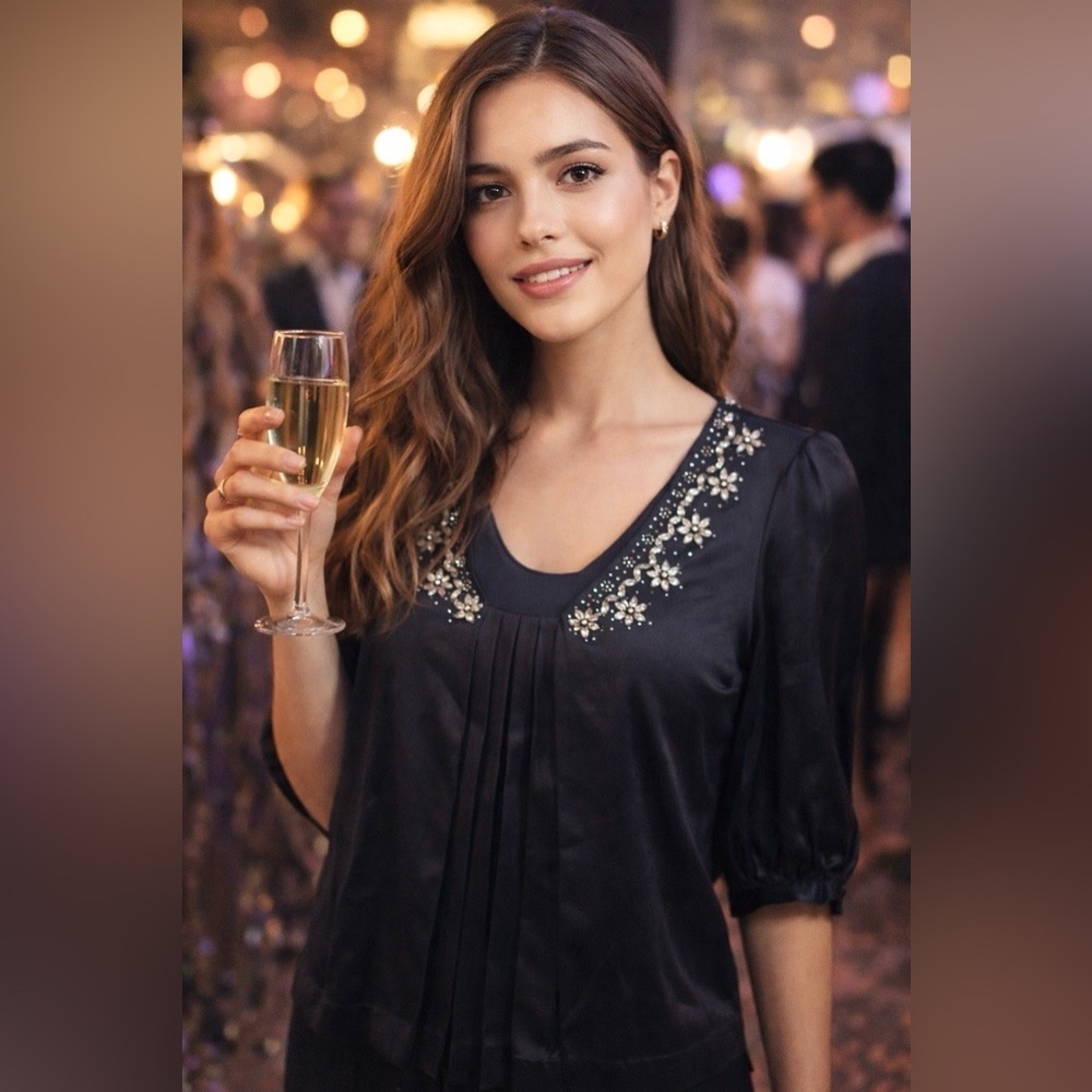 Phillip Lim 100%Silk satin bejeweled neckline Top, black, 3/4 sleeve, size 6